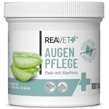 Behälter mit REAVET+ Augenpflege-Pads mit Aloe Vera, die grüne Aloe-Scheiben zeigen, und Text, der "100 Stk" und "parfümfrei" angibt.