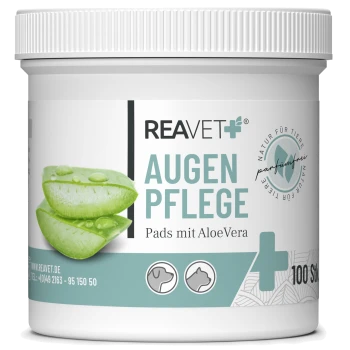 Behälter mit REAVET+ Augenpflege-Pads mit Aloe Vera, die grüne Aloe-Scheiben zeigen, und Text, der "100 Stk" und "parfümfrei" angibt.