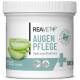 Behälter mit REAVET+ Augenpflege-Pads mit Aloe Vera, die grüne Aloe-Scheiben zeigen, und Text, der "100 Stk" und "parfümfrei" angibt.