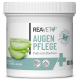 Behälter mit REAVET+ Augenpflege-Pads mit Aloe Vera, die grüne Aloe-Scheiben zeigen, und Text, der "100 Stk" und "parfümfrei" angibt.