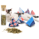 Eine verspielte Katze liegt neben bunten dreieckigen Katzenminze-Spielzeugen und einem Glasbehälter, der mit getrockneten Katzenminzblättern gefüllt ist.