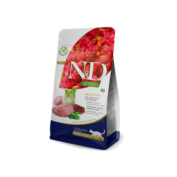 Sac de nourriture pour chat adulte étiqueté "N&D Quinoa" présentant une formule de digestion avec de l'agneau, du quinoa, du fenouil et de la menthe.