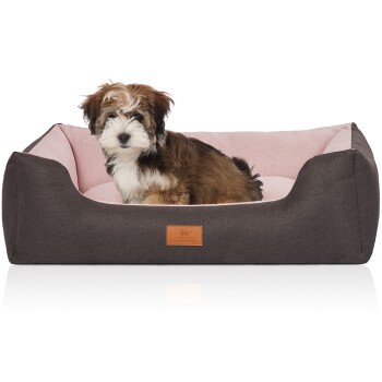 Hundebett Luke aus Velours mit feinem Handwebcharakter schwarz/ rosa M-L