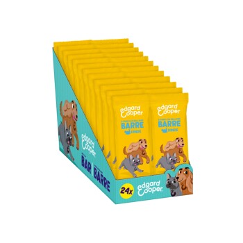Boîte d'affichage de friandises pour chiens Edgard Cooper, présentant 24 paquets jaunes étiquetés "BARRE DINDE" avec des illustrations de chiens ludiques.