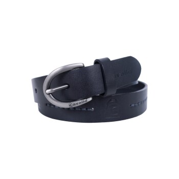 Schwarzes Lederhalsband für Hunde mit einer silbernen Schnalle, auf dem der Markenname "Cavallo" auf dem Riemen eingeprägt ist.