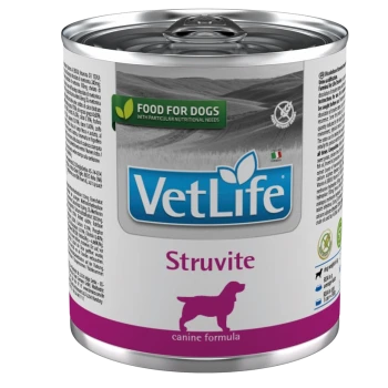 Puszka karmy dla psów oznaczona "VetLife Struvite," z sylwetką psa, z tekstem wskazującym, że jest przeznaczona dla psów z określonymi potrzebami żywieniowymi.