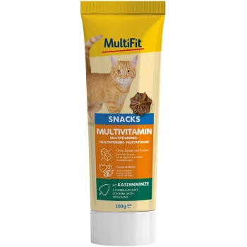Tube of MultiFit Multivitamin snacks for cats, featuring an orange tabby cat, with text highlighting "No added sugars" and "Taurin & Biotin."