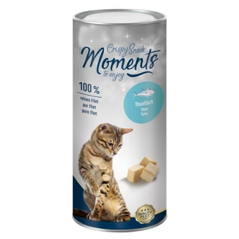 Boîte de friandises pour chats Crispy Snack Moments avec un chat tigré joueur, étiquetée "100% reines Filet" et "Thunfisch" (Thon), avec des cubes de friandises.