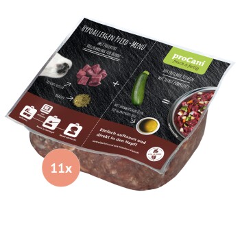 Hypoallergenes Pferdefutter für Hunde mit frischem Fleisch, Zucchini und Gewürzen. Der Text hebt die einfache Zubereitung und die ernährungsphysiologischen Vorteile hervor.