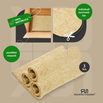 Drei aufgerollte Naturfaser-Käfigeinlagen mit Beschriftungen: „100% NATÜRLICH“, „plastikfrei verpackt“, „individuell zuschneidbar“, „3 Stck.“