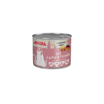 AMORA Katzenfutter für Erwachsene, rosa Etikett mit Aufschrift 'mit Lachs & Forelle / with salmon & trout', weiße Katzensilhouetten und Herzen.
