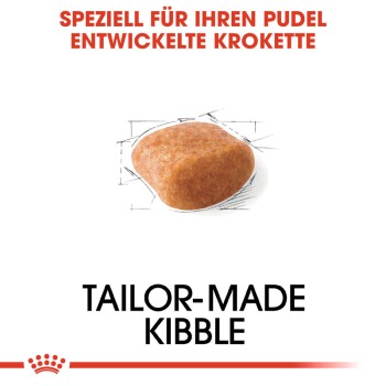 Kibble für Pudel mit den Texten "SPEZIELL FÜR IHREN PUDEL ENTWICKELTE KROKETTE" und "MADE FOR YOUR POODLE KIBBLE".