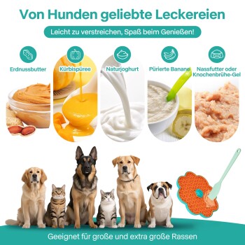 Werbebanner 'Von Hunden geliebte Leckereien' mit Erdnussbutter, Kürbispüree, Joghurt, zerdrückter Banane, Nassfuttergel und Haustieren.