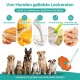 Werbebanner 'Von Hunden geliebte Leckereien' mit Erdnussbutter, Kürbispüree, Joghurt, zerdrückter Banane, Nassfuttergel und Haustieren.