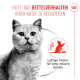 Porträt einer grauen Katze neben rotem Icon einer Katze am Napf; Text: 'Hilft, das Bettelverhalten zu reduzieren' und 'Luftige Textur für einen volleren Napf'