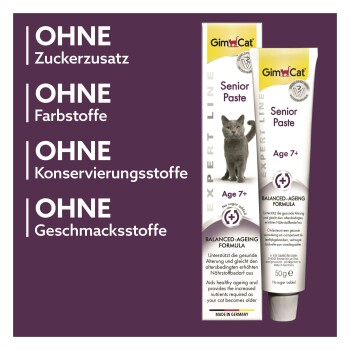 GimCat Senior Paste (Alter 7+) Tube und Schachtel mit Bild einer grauen Katze; deutsches Etikett 'OHNE' — ohne Zucker, Farbstoffe, Konservierungsstoffe, Aromastoffe.