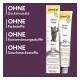 GimCat Senior Paste (Alter 7+) Tube und Schachtel mit Bild einer grauen Katze; deutsches Etikett 'OHNE' — ohne Zucker, Farbstoffe, Konservierungsstoffe, Aromastoffe.