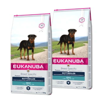 Eukanuba rassespezifisches Hundefutter für Rottweiler, 12 kg Säcke, gekennzeichnet für erwachsene Hunde, mit einem Rottweiler auf der Verpackung.