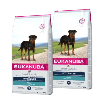 Eukanuba rassespezifisches Hundefutter für Rottweiler, 12 kg Säcke, gekennzeichnet für erwachsene Hunde, mit einem Rottweiler auf der Verpackung.