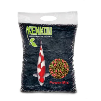 Kenkou Power-Mix Koi-Futterbeutel mit einer bunten Koi-Fisch-Illustration und einem kreisförmigen Bild der Futterpellets.