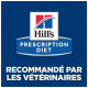 Logo de la diète prescription de Hill's avec le texte "Recommandé par les vétérinaires" sur un fond bleu.