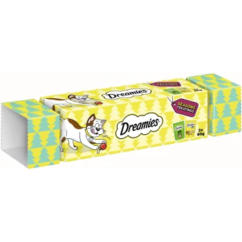 Opakowanie przysmaków dla kotów Dreamies z ilustracją bawiącego się kota na jasnym żółtym tle, oznaczone "Seasons Treatings," z dwoma opakowaniami po 60g.