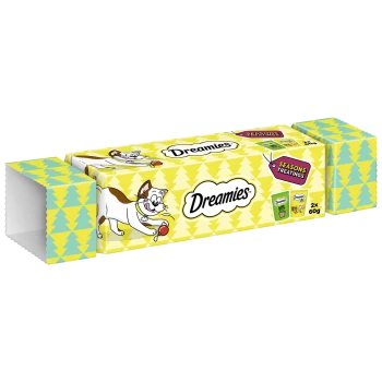 Opakowanie przysmaków dla kotów Dreamies z ilustracją bawiącego się kota na jasnym żółtym tle, oznaczone "Seasons Treatings," z dwoma opakowaniami po 60g.