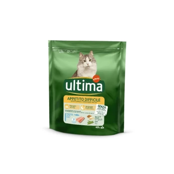 Appétit difficile avec de la Truite Appétit difficile avec de la Truite 400 g Sac vert de nourriture pour chats Ultima avec une image de chat, étiqueté "Appetito Difficile," avec des détails sur les ingrédients et les bienfaits nutritionnels.