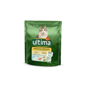 Sac vert de nourriture pour chats Ultima avec une image de chat, étiqueté "Appetito Difficile," avec des détails sur les ingrédients et les bienfaits nutritionnels.