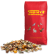 Roter Sack mit der Aufschrift „Supravit Heimtiernahrung“, mit Symbolen für Vogel, Kaninchen und Huhn und einem Haufen gemischter Samen und Körner.