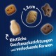 Bild von Haustierleckereien in verschiedenen Formen, einschließlich einer Flasche und einem Stern, mit dem Text 'Köstliche Geschmacksrichtungen' und der Größe '1,3cm'.