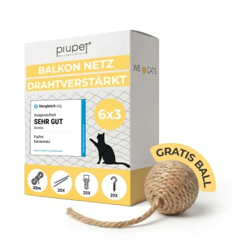 PiuPet Verpackung für Balkonnetz ‚BALKON NETZ DRAHTVERSTÄRKT 6x3‘, Aufkleber ‚SEHR GUT‘, Katzensilhouette und kostenloses gewebtes Spielzeug ‚GRATIS BALL‘