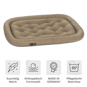 Beige gepolstertes Hundebett mit "Pointer"-Logo; bietet gemütlich, orthopädisch, in Deutschland hergestellt und waschbar bei 95°C.