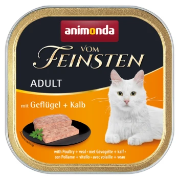 Dose mit Katzenfutter mit einer weißen Katze auf dem Etikett, mit dem Text "animonda vom Feinsten ADULT mit Geflügel + Kalb."