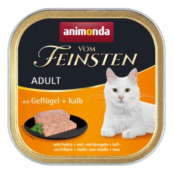 Dose mit Katzenfutter mit einer weißen Katze auf dem Etikett, mit dem Text "animonda vom Feinsten ADULT mit Geflügel + Kalb."