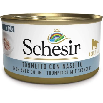 Eine Dose Schesir Katzenfutter, beschriftet mit "Tonnetto con Nasello" in Gelee, mit Bildern von Thunfisch und einem Regenbogenlogo, entworfen für erwachsene Katzen.