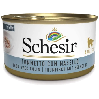 Eine Dose Schesir Katzenfutter, beschriftet mit "Tonnetto con Nasello" in Gelee, mit Bildern von Thunfisch und einem Regenbogenlogo, entworfen für erwachsene Katzen.