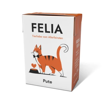 FELIA Pute (10x190g) Kartonschachtel mit Katzenfutter, beschriftet mit "FELIA", mit einer Cartoon-Katze in Orange, die eine Fliege trägt, mit einem Herz und einer Futterschüssel, beschriftet mit "Pute."