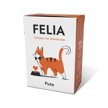 Kartonschachtel mit Katzenfutter, beschriftet mit "FELIA", mit einer Cartoon-Katze in Orange, die eine Fliege trägt, mit einem Herz und einer Futterschüssel, beschriftet mit "Pute."