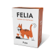 Kartonschachtel mit Katzenfutter, beschriftet mit "FELIA", mit einer Cartoon-Katze in Orange, die eine Fliege trägt, mit einem Herz und einer Futterschüssel, beschriftet mit "Pute."