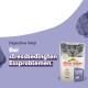 Almo Nature ganzheitliche Katzenfutter-Tüte mit der Aufschrift "Digestive Help" und einem Bild einer grauen Katze, die Linderung bei stressbedingten Essproblemen fördert.