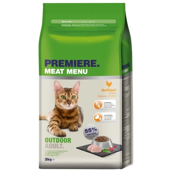 Hundefutterbeutel mit der Aufschrift "Premiere Meat Menu", der eine getigerte Katze zeigt, mit "Outdoor Adult" und "55% Geflügel" deutlich sichtbar.