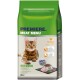 Cat food bag labeled "Premiere Meat Menu" featuring a tabby cat, with "Outdoor Adult" and "55% Poultry" prominently displayed.