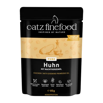 Catz Finefood Pure Huhn Katzenfutter mit Huhn und Nachtkerzenöl, getreidefrei, ohne Zuckerzusatz, 85g Beutel.