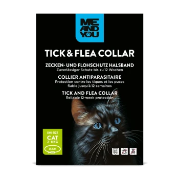 Boîte du collier Me and You anti‑tiques et puces montrant un visage de chat noir, logo bleu, « COLLIER ANTI‑TIQUES & PUCES » et « TAILLE UNIQUE CHAT 2–8 KG 35 CM ».