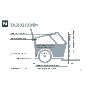 Diagramm des TAXXIDOG-Hundeanhängers mit Maßen in cm einschließlich Höhe, Breite, Länge, Raddurchmesser und Mattegröße.