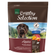 Braune Hundefuttertüte mit der Aufschrift "Country Selection" und einem Hundebild, das "Alpen" und "Erwachsene" angibt, mit Truthahn, Rind, Käse und Kürbis.