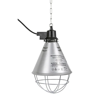 Lampe chauffante suspendue pour animaux, avec une forme conique argentée et une protection en fil, étiquetée avec des avertissements de sécurité et des instructions d'utilisation.