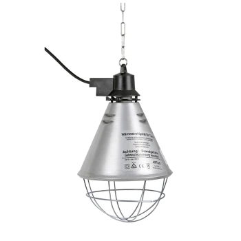 Lampe chauffante suspendue pour animaux, avec une forme conique argentée et une protection en fil, étiquetée avec des avertissements de sécurité et des instructions d'utilisation.