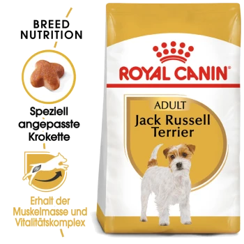 Royal Canin Adult Jack Russell Terrier Hundefuttertüte mit einem Jack Russell Bild und Text zur rassespezifischen Ernährung.